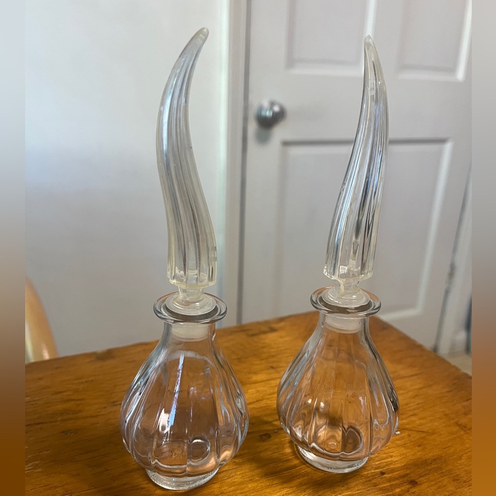 2 tall vintage Glass Vessels / perfume bottles with Talon Tops